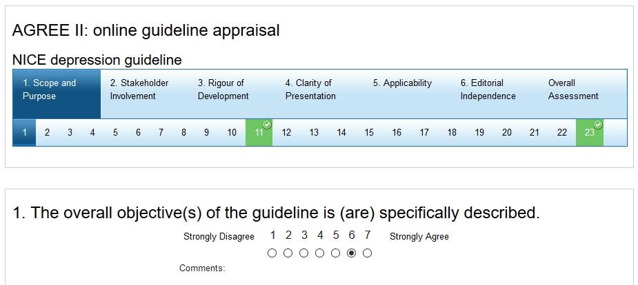 <p>Walk through the AGREE II appraisal process, referring to official guidance for each question on-screen.  Results are tallied at the end in an overall assessment.</p>
